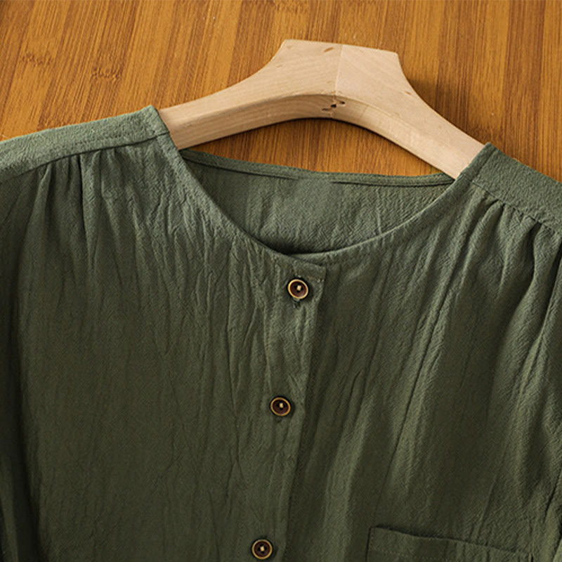 Buddha Stones Casual Plain Buttons Half Sleeve Women's Cotton Linen Shirt With Pocket - image 2