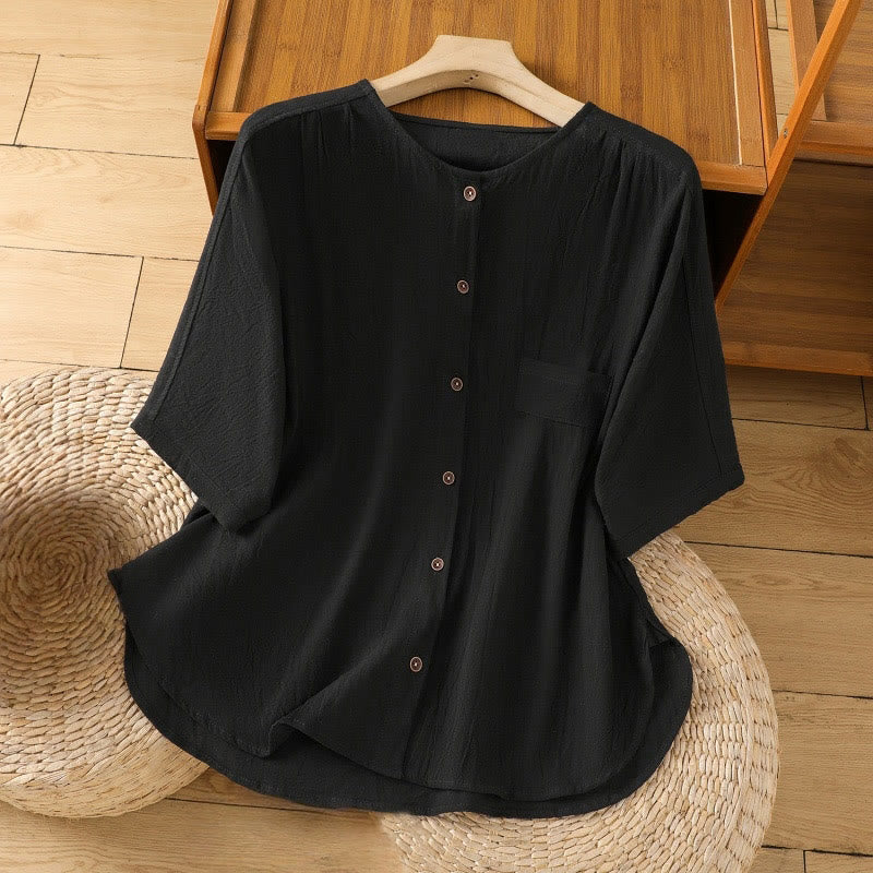 Buddha Stones Casual Plain Buttons Half Sleeve Women's Cotton Linen Shirt With Pocket - Black - US8-10,UK/AU12-14,EU40-42 (2XL) - image 9