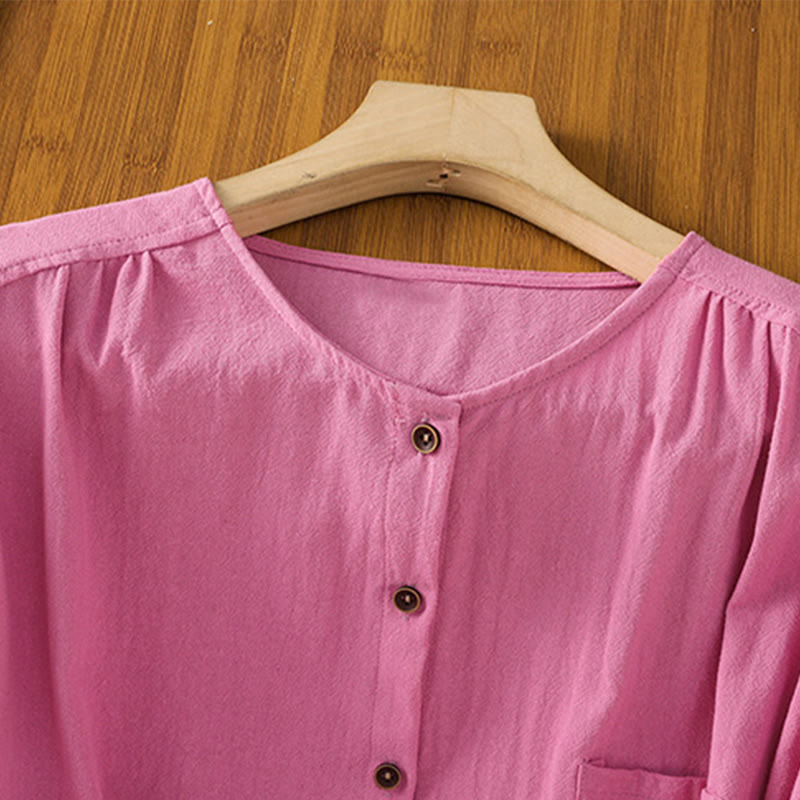 Buddha Stones Casual Plain Buttons Half Sleeve Women's Cotton Linen Shirt With Pocket - image 37