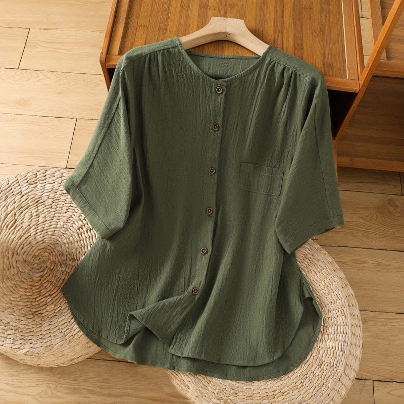 Buddha Stones Casual Plain Buttons Half Sleeve Women's Cotton Linen Shirt With Pocket - DarkGreen - US8-10,UK/AU12-14,EU40-42 (2XL) - image 0