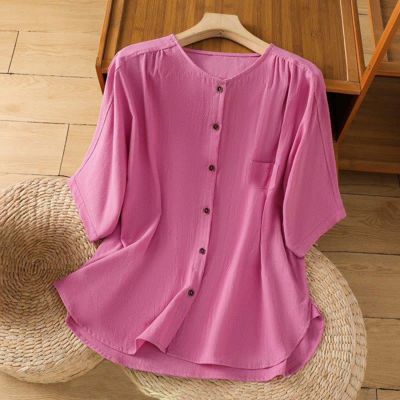 Buddha Stones Casual Plain Buttons Half Sleeve Women's Cotton Linen Shirt With Pocket - DeepPink - US8-10,UK/AU12-14,EU40-42 (2XL) - image 35