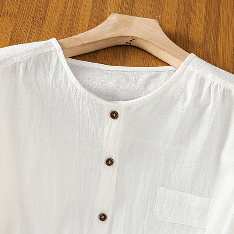 Buddha Stones Casual Plain Buttons Half Sleeve Women's Cotton Linen Shirt With Pocket - image 20