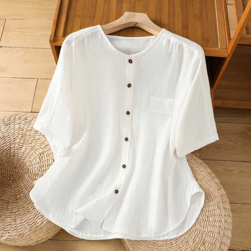 Buddha Stones Casual Plain Buttons Half Sleeve Women's Cotton Linen Shirt With Pocket - White - US8-10,UK/AU12-14,EU40-42 (2XL) - image 17