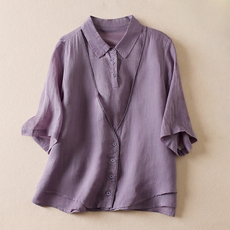 Buddha Stones Retro Plain Fake Two Pieces Button Half Sleeve Design Women's Cotton Linen Shirt - MediumOrchid - US12,UK/AU16,EU44 (2XL) - image 0