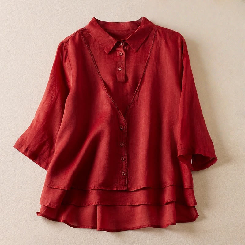 Buddha Stones Retro Plain Fake Two Pieces Button Half Sleeve Design Women's Cotton Linen Shirt - Crimson - US12,UK/AU16,EU44 (2XL) - image 8