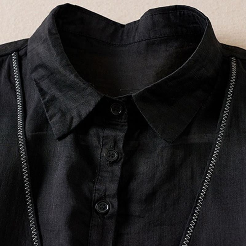 Buddha Stones Retro Plain Fake Two Pieces Button Half Sleeve Design Women's Cotton Linen Shirt - image 28