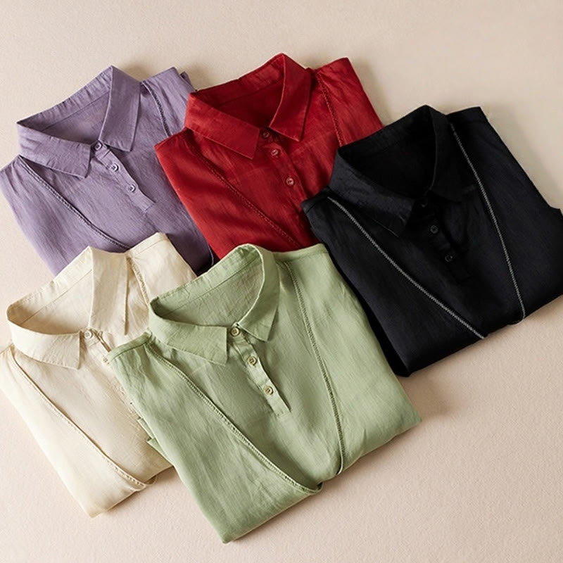Buddha Stones Retro Plain Fake Two Pieces Button Half Sleeve Design Women's Cotton Linen Shirt - image 44