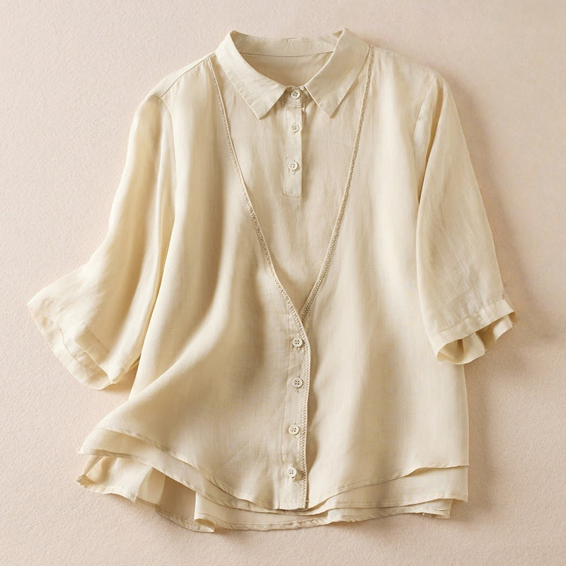 Buddha Stones Retro Plain Fake Two Pieces Button Half Sleeve Design Women's Cotton Linen Shirt - Beige - US12,UK/AU16,EU44 (2XL) - image 35