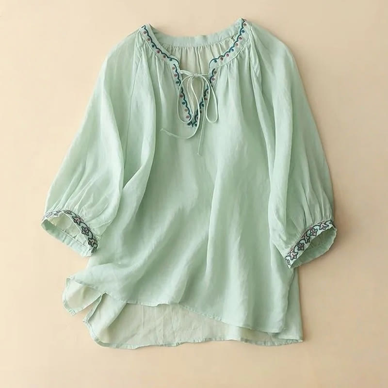 Buddha Stones Summer Embroided Three Quarter Lantern Sleeve Women's T-Shirt - Aquamarine - US14,UK/AU18,EU46 (3XL) - image 0