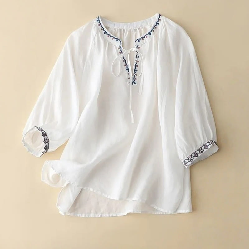 Buddha Stones Summer Embroided Three Quarter Lantern Sleeve Women's T-Shirt - White - US14,UK/AU18,EU46 (3XL) - image 4