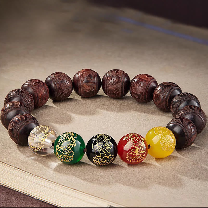 Foviel Small Leaf Red Sandalwood Five Directions Gods of Wealth Calm Bracelet
