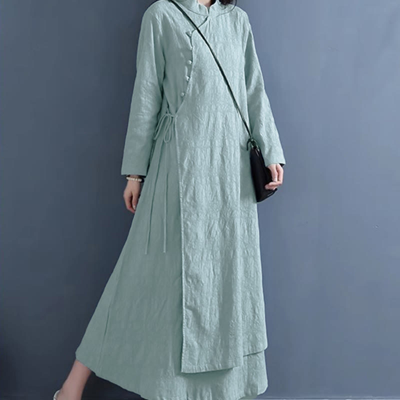 Foviel Frühling Casual Plain Frog-Button Design Seite Schnürung Midi Kleid