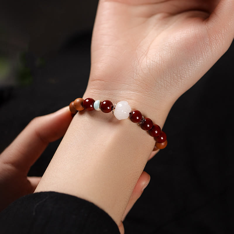 Buddha Stones Cinnabar Wood Beads Lotus Fu Character Blessing Bracelet - image 4