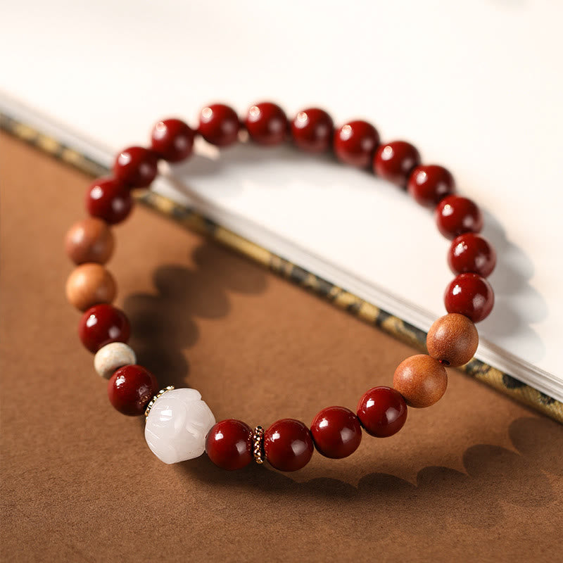 Buddha Stones Cinnabar Wood Beads Lotus Fu Character Blessing Bracelet - image 3