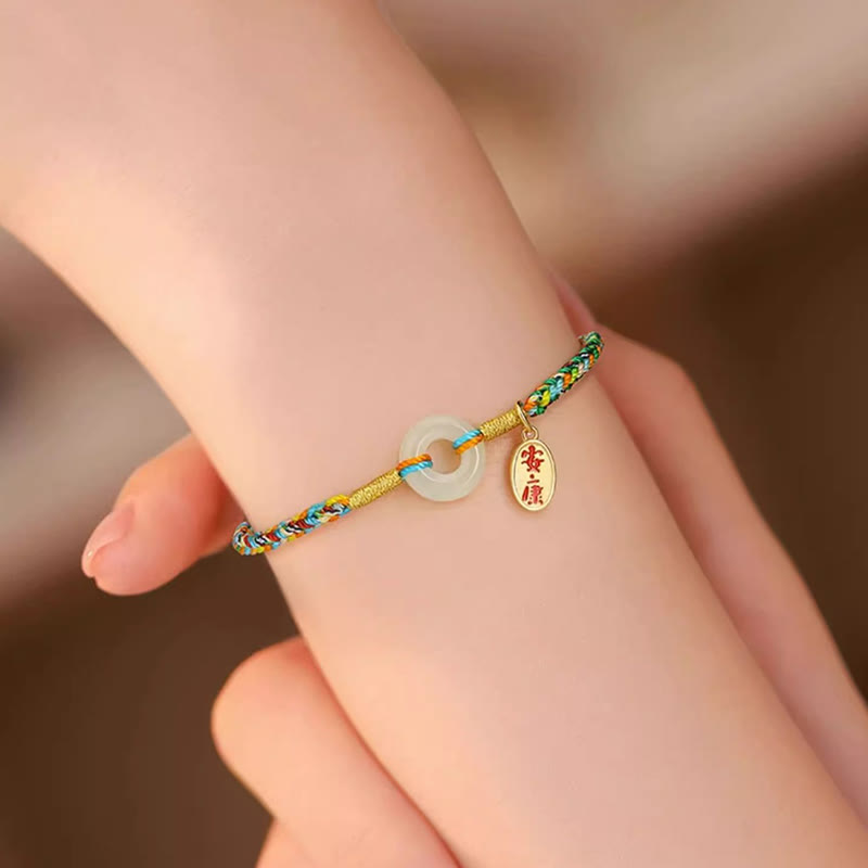Buddha Stones Handmade Peace Buckle Jade Prosperity 925 Sterling Silver Colorful Rope Bracelet - image 11
