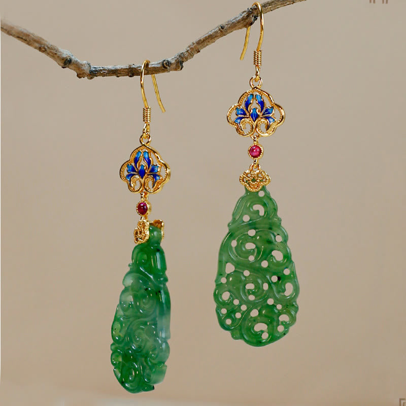 Buddha Stones Hollow Hetian Jade Enamel 925 Sterling Silver Prosperity Earrings - image 3