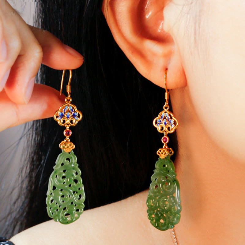Buddha Stones Hollow Hetian Jade Enamel 925 Sterling Silver Prosperity Earrings - image 6
