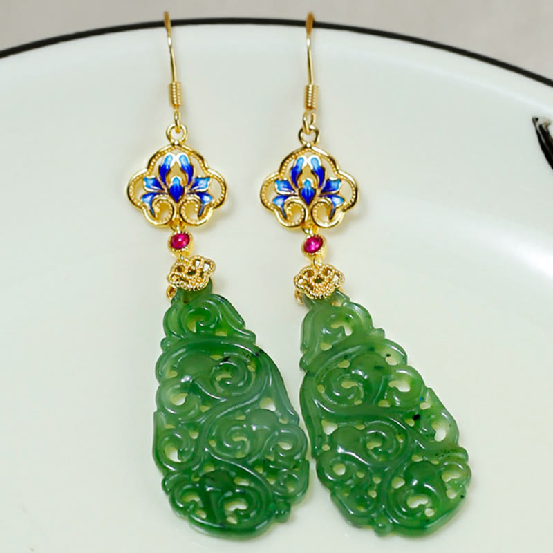 Buddha Stones Hollow Hetian Jade Enamel 925 Sterling Silver Prosperity Earrings - image 10