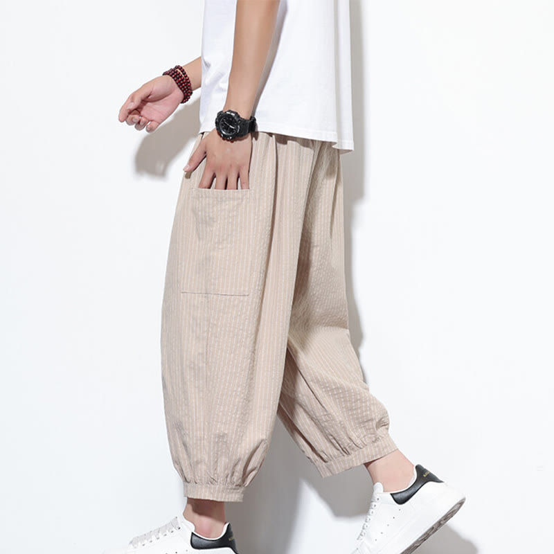 Buddha Stones Casual Striped Men's Cotton 7-8 Length Harem Pants With Pockets - Bisque - US/UK/AU46,EU56 (5XL) - image 0