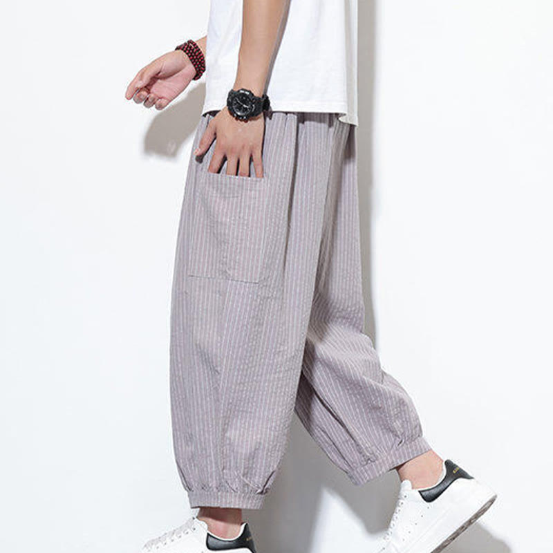 Buddha Stones Casual Striped Men's Cotton 7-8 Length Harem Pants With Pockets - RosyBrown - US/UK/AU46,EU56 (5XL) - image 8