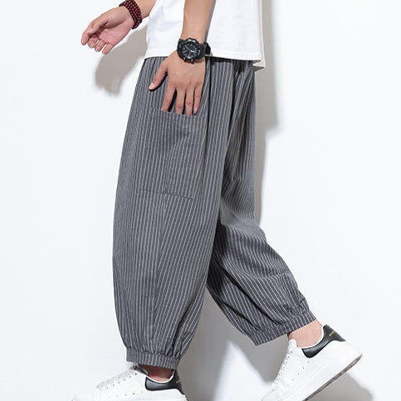 Buddha Stones Casual Striped Men's Cotton 7-8 Length Harem Pants With Pockets - Gray - US/UK/AU46,EU56 (5XL) - image 21
