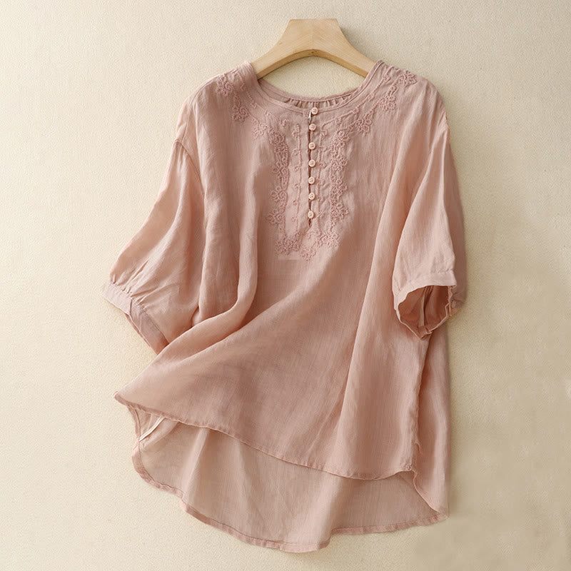Buddha Stones Line Embroidery Button Crew Neck Half Sleeve Women's Cotton Shirt - Pink - US14,UK/AU18,EU46 (2XL) - image 13