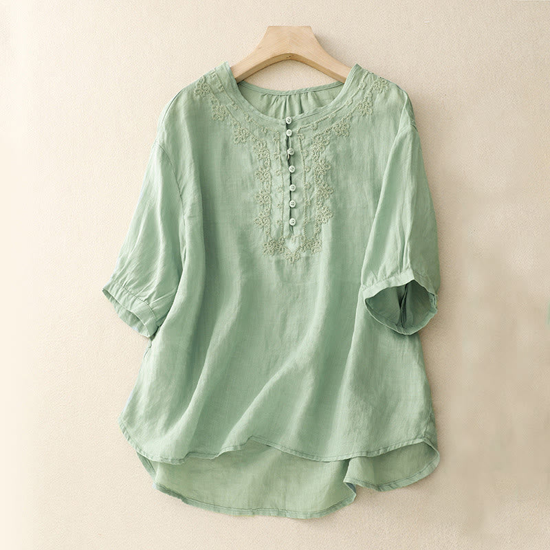 Buddha Stones Line Embroidery Button Crew Neck Half Sleeve Women's Cotton Shirt - LightBlue - US14,UK/AU18,EU46 (2XL) - image 1
