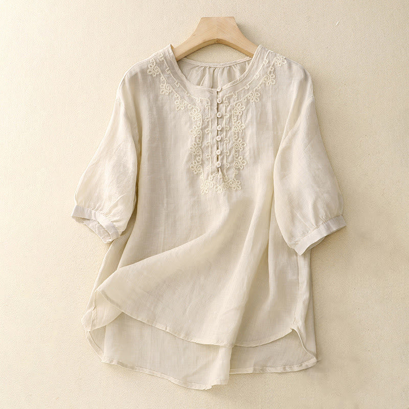 Buddha Stones Line Embroidery Button Crew Neck Half Sleeve Women's Cotton Shirt - Linen - US14,UK/AU18,EU46 (2XL) - image 6
