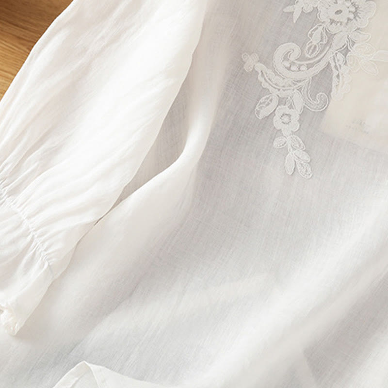 Buddha Stones Flower Vines Embroidery Button Crew Neck Three Quarter Sleeve Women's Cotton Shirt - image 15