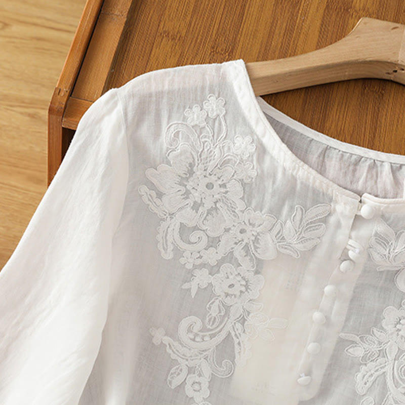 Buddha Stones Flower Vines Embroidery Button Crew Neck Three Quarter Sleeve Women's Cotton Shirt - image 14
