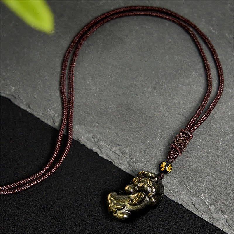 Buddha Stones Gold Sheen Obsidian PiXiu Wealth Rope Necklace Pendant - image 4