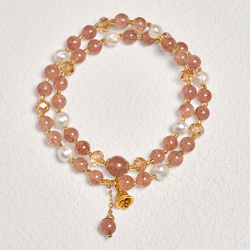 Buddha Stones Natural Strawberry Quartz Pearl Bell Healing Double Wrap Bracelet - image 2