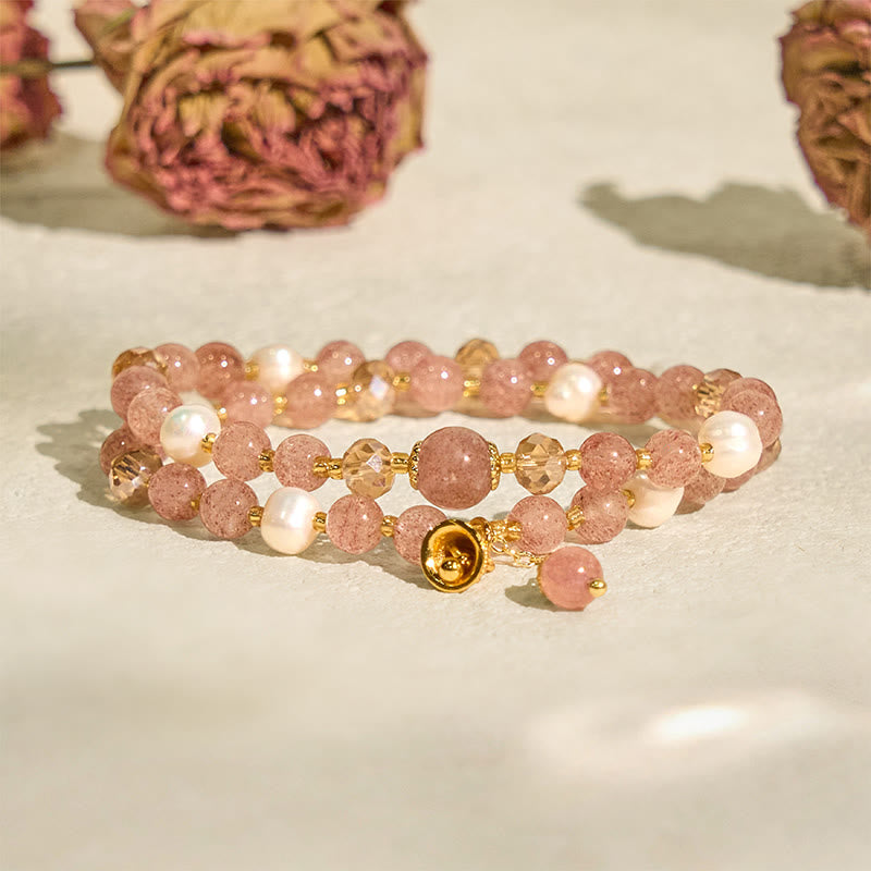 Buddha Stones Natural Strawberry Quartz Pearl Bell Healing Double Wrap Bracelet - image 4