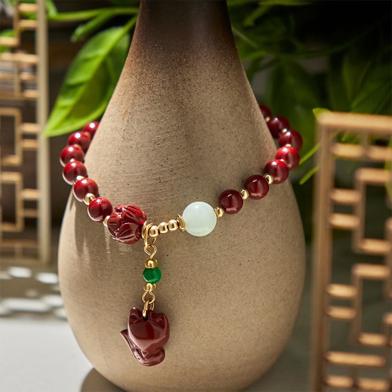Buddha Stones Cinnabar Lotus Cute Fox Charm Blessing Bracelet - image 4