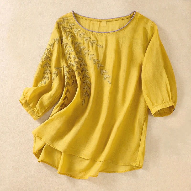 Buddha Stones Embroidery Leaves Women's Cotton Linen Half Sleeve T-shirt - Gold - US8-10,UK/AU12-14,EU40-42 (2XL) - image 1