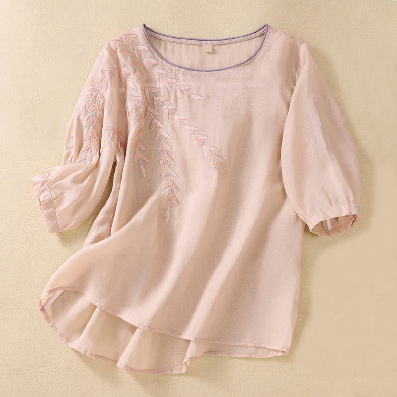 Buddha Stones Embroidery Leaves Women's Cotton Linen Half Sleeve T-shirt - MistyRose - US8-10,UK/AU12-14,EU40-42 (2XL) - image 12