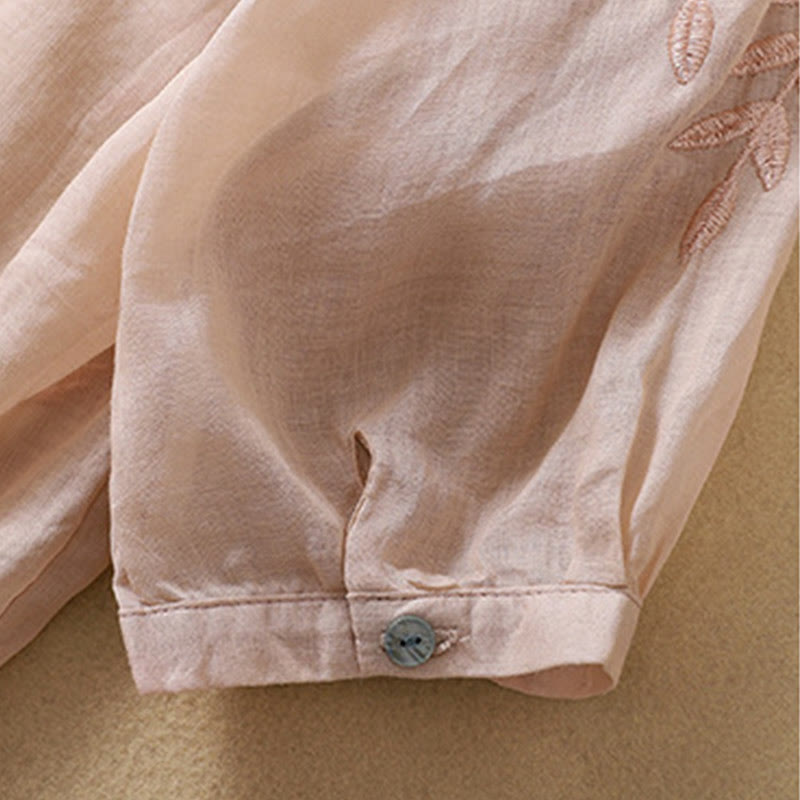 Buddha Stones Embroidery Leaves Women's Cotton Linen Half Sleeve T-shirt - image 17
