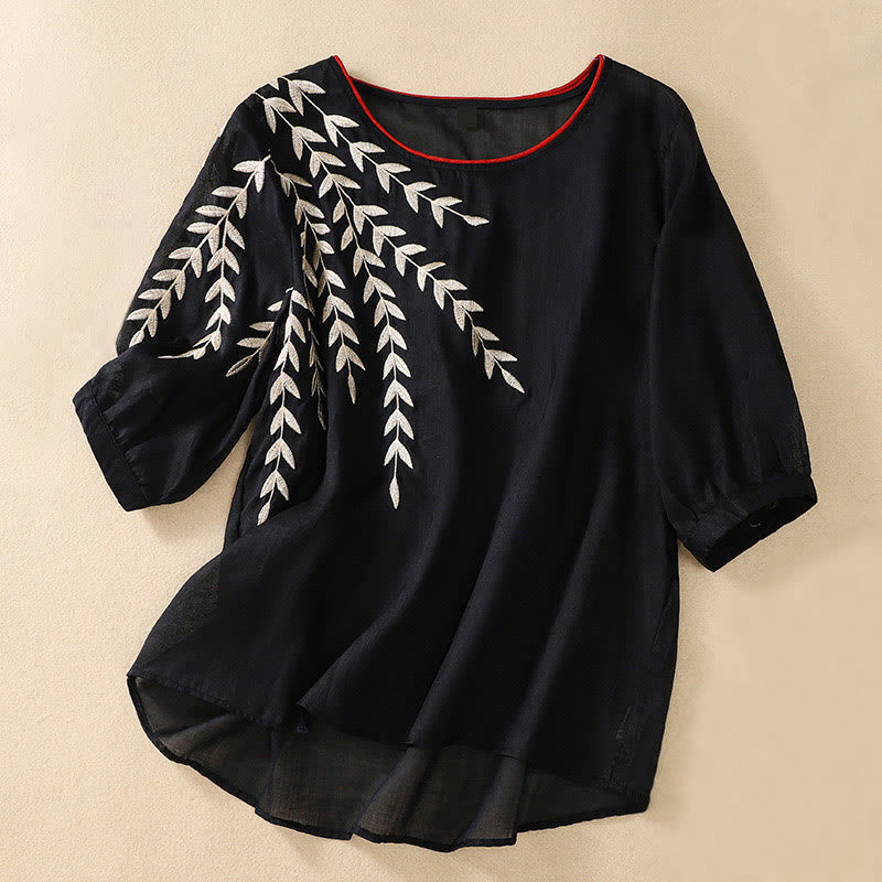 Buddha Stones Embroidery Leaves Women's Cotton Linen Half Sleeve T-shirt - Black - US8-10,UK/AU12-14,EU40-42 (2XL) - image 23