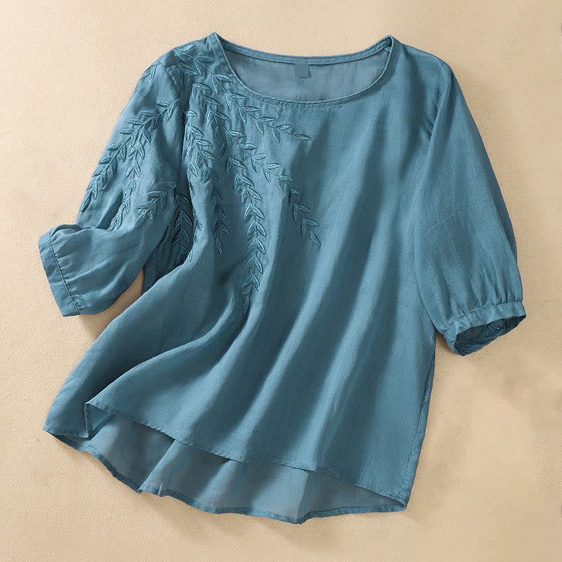 Buddha Stones Embroidery Leaves Women's Cotton Linen Half Sleeve T-shirt - SteelBlue - US8-10,UK/AU12-14,EU40-42 (2XL) - image 31