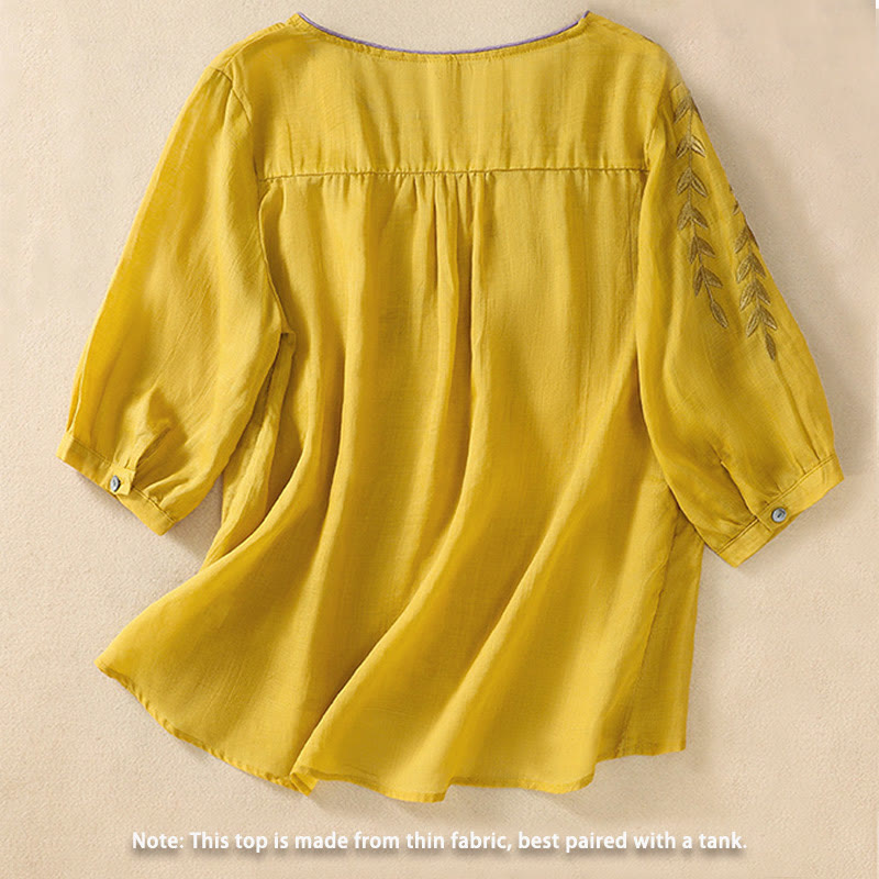 Buddha Stones Embroidery Leaves Women's Cotton Linen Half Sleeve T-shirt - image 2