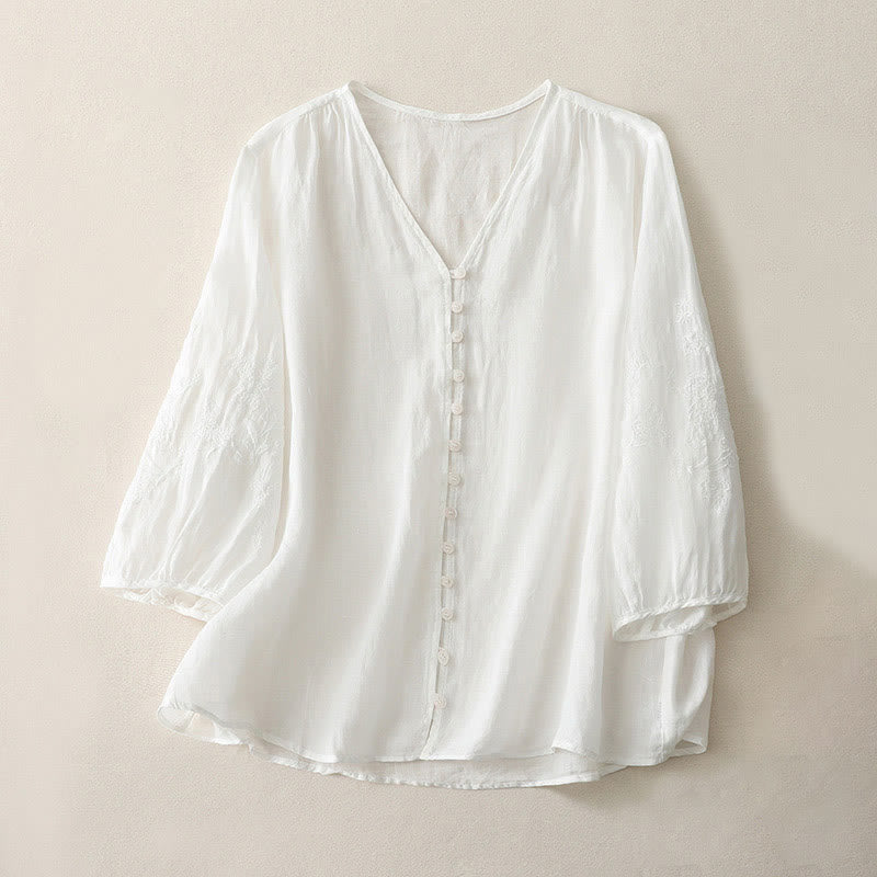 Buddha Stones Embroidery Button-down Women's Shirt - White - US8-10,UK/AU12-14,EU40-42 (2XL) - image 6