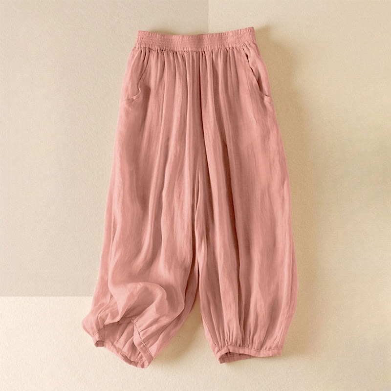 Buddha Stones Summer Plain Casual Cropped Pants Women's Double Layer Cotton Linen Harem Pants With Pockets - Pink - US8-10,UK/AU12-14,EU40-42 (2XL) - image 0