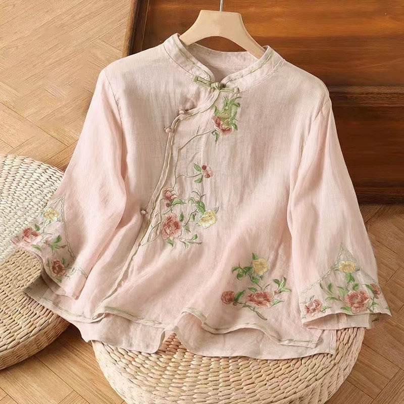 Buddha Stones Casual Vintage Embroidery Flower Pattern Chinese Frog-Button Crew Neck Design Women's Cotton Linen Shirt - LightPink - US12,UK/AU16,EU44 (3XL) - image 7