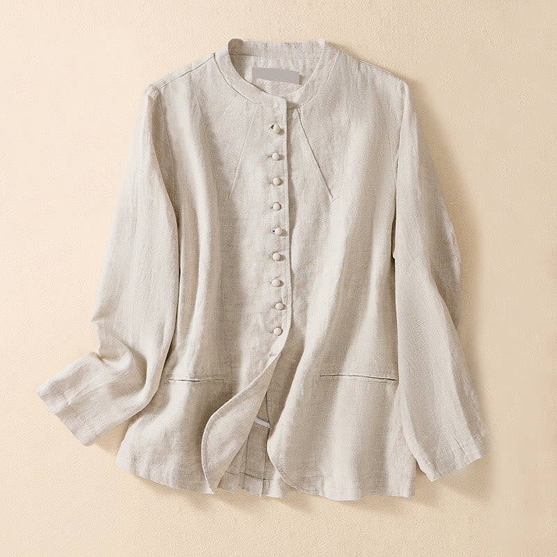 Buddha Stones Women's Cotton Linen Stand Collar Long Sleeve Jacket With Pockets - Beige - US12,UK/AU16,EU44 (2XL) - image 1