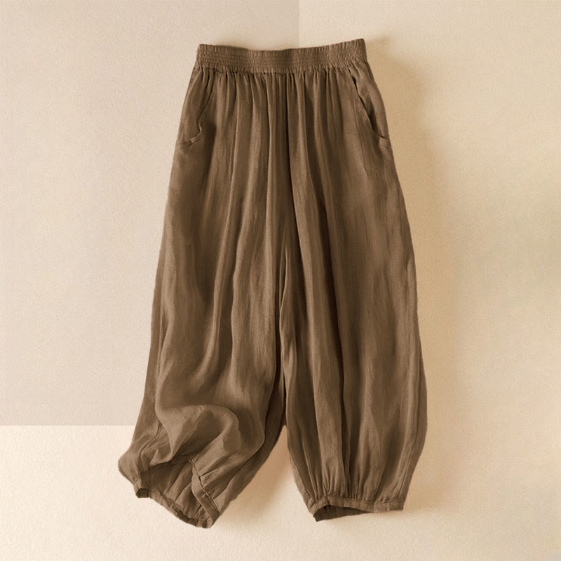 Buddha Stones Summer Plain Casual Cropped Pants Women's Double Layer Cotton Linen Harem Pants With Pockets - DarkGoldenrod - US8-10,UK/AU12-14,EU40-42 (2XL) - image 21