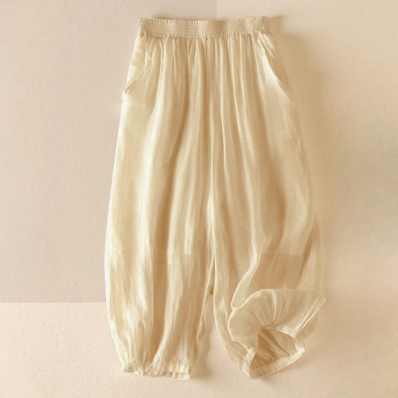 Buddha Stones Summer Plain Casual Cropped Pants Women's Double Layer Cotton Linen Harem Pants With Pockets - LemonChiffon - US8-10,UK/AU12-14,EU40-42 (2XL) - image 9
