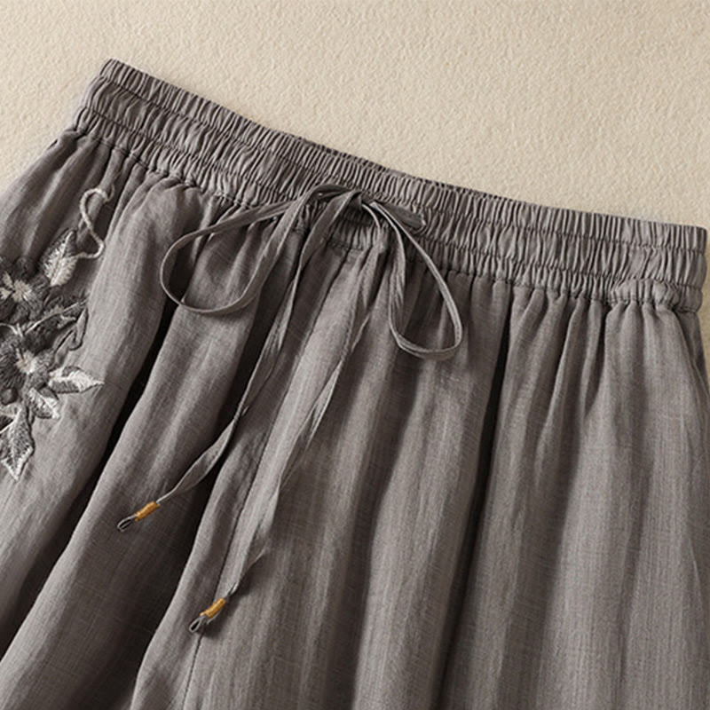 Buddha Stones Commute Embroidery Drawstring Women's Cotton Wide Leg Pants With Pockets - image 46