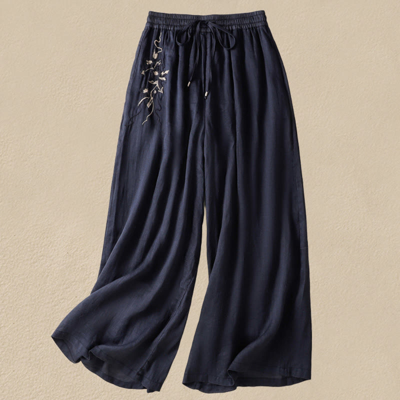 Buddha Stones Commute Embroidery Drawstring Women's Cotton Wide Leg Pants With Pockets - MidnightBlue - US8-10,UK/AU12-14,EU40-42 (2XL) - image 1