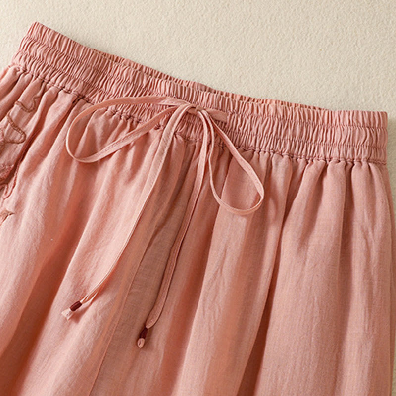 Buddha Stones Commute Embroidery Drawstring Women's Cotton Wide Leg Pants With Pockets - image 20