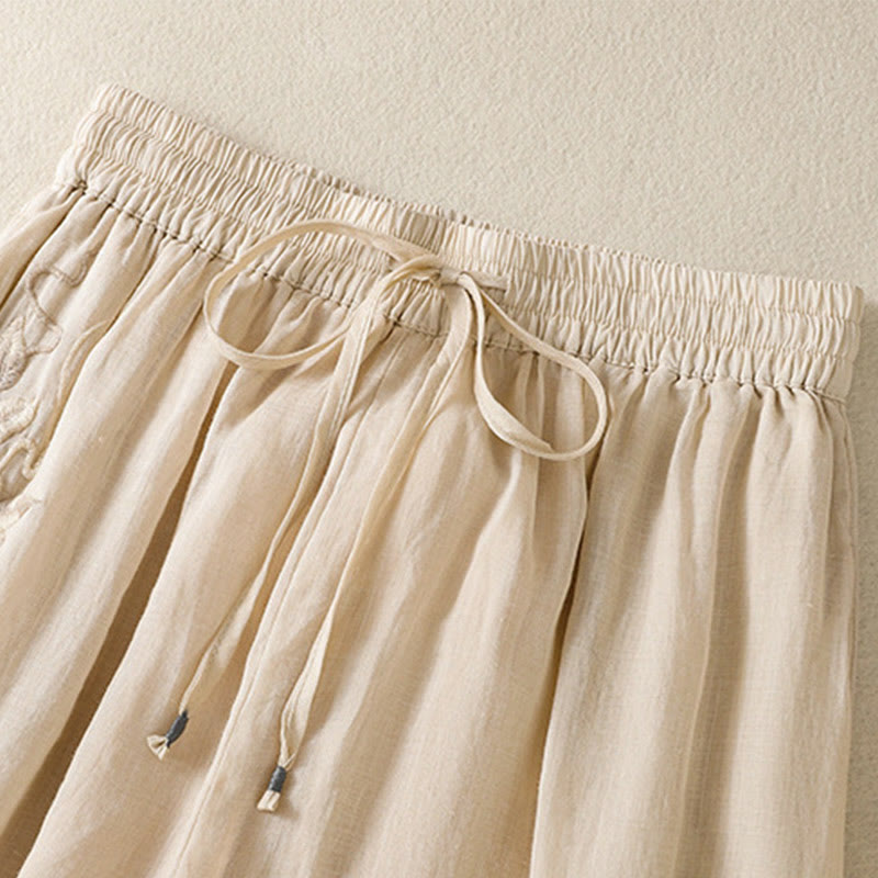 Buddha Stones Commute Embroidery Drawstring Women's Cotton Wide Leg Pants With Pockets - image 10